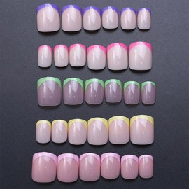 French Tip Press on Nails Short Square Fake Nails Colorful French False Nail Tips Acrylic Nails Kit Glossy Cute Artificial Nails Press ons for Women Nails Decoration 10 Packs 240Pcs