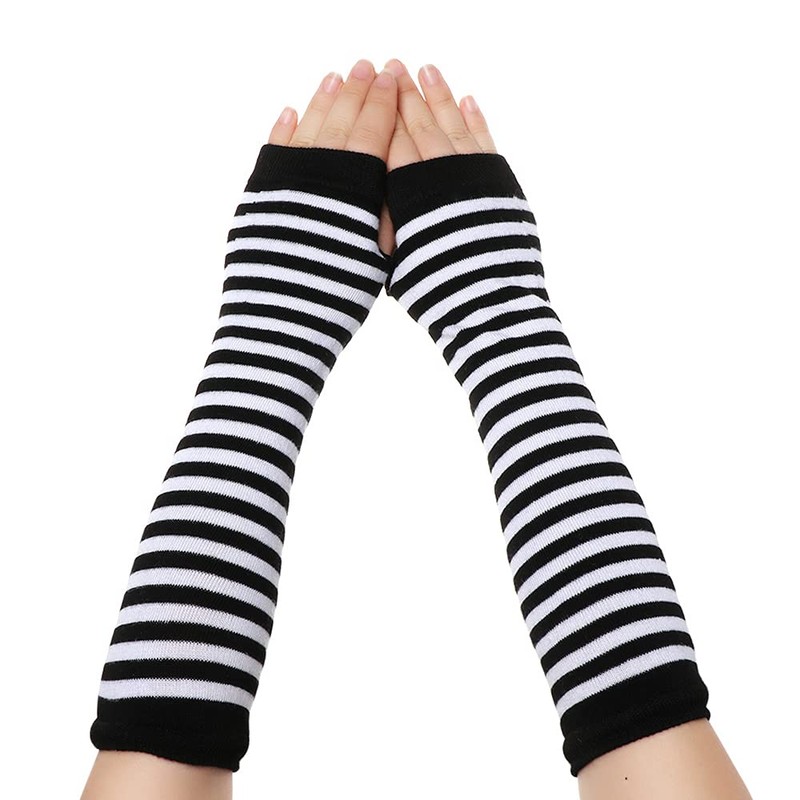 Black White Stripes Knitted Long Gloves Winter Over Elbow Mittens