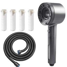 EnixwH Water-saving shower head, shower head with hose, water-saving, shower head with hose 1.5 m, anti-limescale shower head, water saving, pressure increasing, filter shower head with hose (gris)