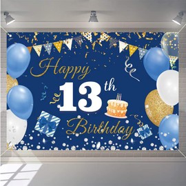 13th Birthday Decorations Happy 13th Birthday Backdrop Banner for Boys/Girls Happy 13 Years Old Fabric Sign Poster, Blue Photography Background 13th Birthday Party Supplies, 59"x35.4"