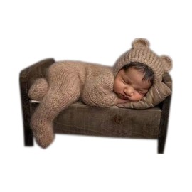 Newborn Photography Props Outfits Mohair Bear Hat and Footed Romper for Baby Photo Props Bodysuit Newborn Photo Shoot Outfits (Camel)
