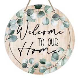 Deroro Welcome to Our Home Front Door Sign, Spring Summer Eucalyptus Leaves Wood Door Hanger Outdoor Outside Porch Decor, Farmhouse Rustic Wooden Wreath Indoor Wall Hanging Decoration