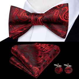 Dubulle Mens Self Tied Bow Ties Set Paisley Floral Silk Handkerchief Cufflinks Bowties for Men Wedding Business,Black Burgundy