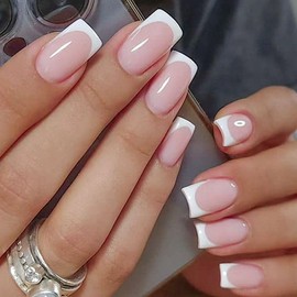 White French Tip Press on Nails Short Square Fake Nails Nude Pink False Nails Full Cover Acrylic Artificial Nail Glossy Stick on Nails for Women Manicure 24Pcs