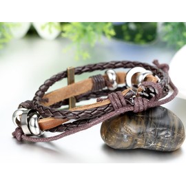 JewelryWe Mens Womens Leather Rope Wrap Strap Bracelet, 7.7-10 inch Tribal Braided Cross Cuff Bangle, Brown (with Gift Bag)