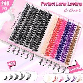 240 Piece DIY Eyelash Extensions Set, 0.07D Eyelashes, Individual False Eyelash Cluster Mix, 6 Colours with Eyelash Glue and Tweezers for Beginners, Reusable Eyelash Clusters (40D + Colour)