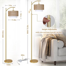 espidoo Modern Arc Floor Lamp with Remote: Dimmable LED Standing Light with Rattan & Fabric Shades - 3 Color Temperatures & Adjustable Height for Living Room & Bedroom