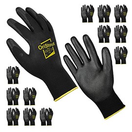 OriStout 12 Pairs Thin Work Gloves Men Bulk Pack, Lightweight Breathable PU Coated Working Gloves for Men and Women, Odorless, with Grip, for Warehouse, Construction, Yard Work (Black, Size S/7)