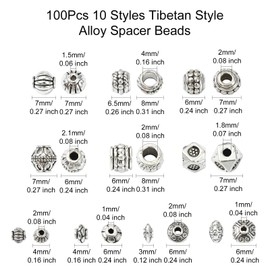 KitBeads 100Pcs 10 Styles Tibetan Column Beads Mixed Shape Antique Silver Round Spacer Beads Metal Tube Cube Barrel Beads for Jewelry Making Bracelets Crafts