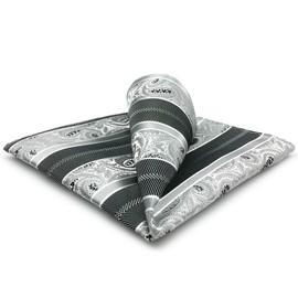 SHLAX&WING Men's Paisley Stripe Grey Silver Silk Pocket Square, gray