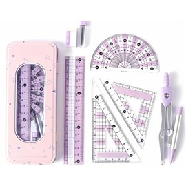 THJOPOKEEL 7 piezas compas escolar, metal durable exterior caso conjunto, transportador y brújula conjunto con regla transportador borrador para estudiantes de matemáticas (Rosa)