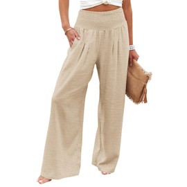 Angerella Women Summer High Waisted Palazzo Pants Beige Wide Leg Long Lounge Pant Trousers with Pocket L