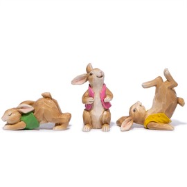 Hodao Set of 3 Easter Bunny Figurines - Woodcut Effect-Look Resin Rabbit Decorations with Unique Poses, Easter Tabletop Decor for Home, Shelves, and Gifts (Set of 3 Brown)
