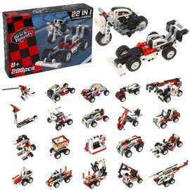 BrickBounty 22 in 1 Racing Car and Motorcycle Toy Set (289 Pieces), Bricks Transform Car to Scooter, Robot, Helicopter, Swing, MOC Building Blocks Toy