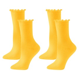 ccHuDE 2 Pairs Cute Ruffle Socks Frilly Ankle Socks Warm Soft Crew Socks Casual Dress Socks Solid Color Knit Socks Short Boot Socks Socks Yellow