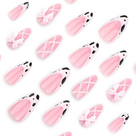 24 Pcs Spring Pink Press on Nails Short Almond,YEFIUO Cow Pattern French Nail Tips Fake Nails Press ons Acrylic Nail Kit 3D Bow Lines Glossy Design Nail Art Glue on Nails Full Cover False Nails Women