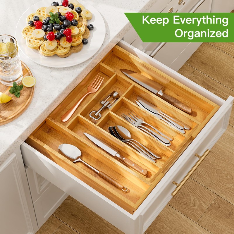 Pipishell Bamboo Expandable Drawer Organizer for Utensils Holder, Adjustable Cutlery