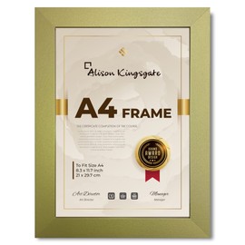 Alison Kingsgate A4 Gold Frame in Size 29.7 x 21cm Use for Gold Picture Frames A4 Certificate Frames - Gold A4 Frame with Clear Perspex Sheet & Wall Mounted Hook (Gold)