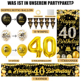 Xietaea Decorative 40th Birthday Man Woman - Black Gold 40th Birthday Decoration Banner Balloons and Bunting, Fabric Background XXL Numbers Balloons for 40th Birthday Party Decoration
