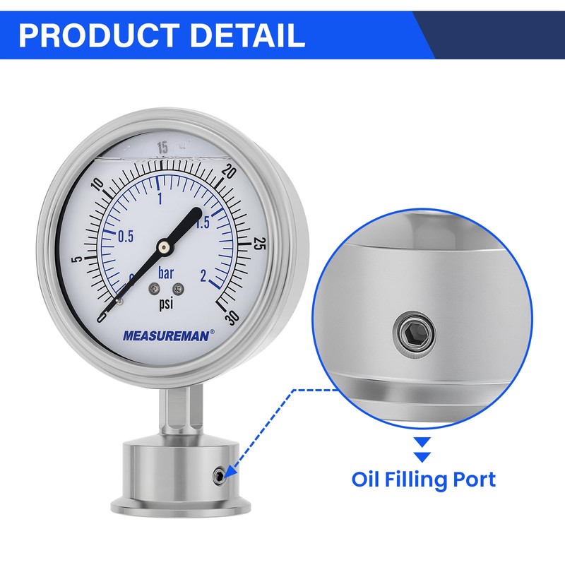 MEASUREMAN 0-30 PSI Sanitary Pressure Gauge - Liquid Filled Stainless