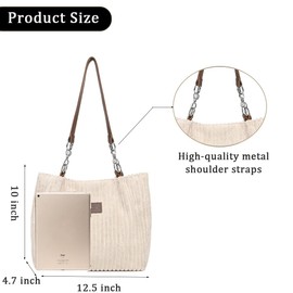 LOXOMU Women's Corduroy Tote Bag, Cute Shoulder Bag Large Hobo Handbag with Smooth Zip for Work & Everyday Use (Beige)