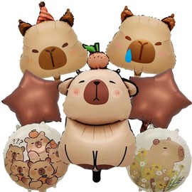7 PCS 24" Capybara Foil Balloons - Animal Theme Birthday Decorations for Baby Shower, Gender Reveal Party Supplies, Durable Aluminum Mylar Balloons with Hanging Strings & Star Accents