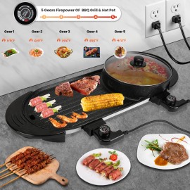 iMounTEK 2 in 1 Electric Grill and Hot Pot Cooker with Lid BBQ Grill Smokeless Non-stick