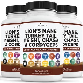 Liberty Lifestyle Lions Mane Mushroom Supplement with Turkey Tail Reishi Cordyceps Chaga with Marshmallow Root - 3-Pack