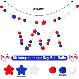 Tatuo 2 Pieces Independence Day Felt Ball Garlands 4th of July Hanging Garland White Blue and Red Pom Pom Ball Banner Garlands for Independence Day Party Decoration