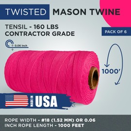 IDL Packaging #18 x 1000' Twisted Mason Twine, High Visibility Pink - for Masonry, Laying Out Lines & Boundaries, DIY, Crafts, Gardening - 160 lbs Tensile Strength (Pack of 6)