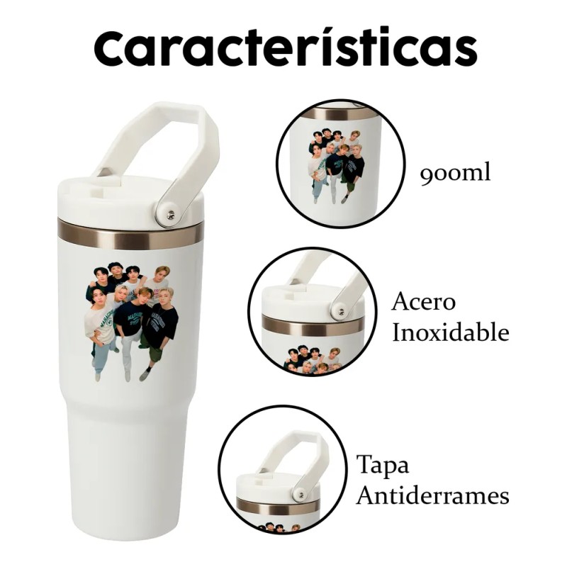 Termo Alto Acero Inoxidable Bts Integrantes Kpop 900 Ml Blanco
