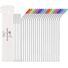 MUTNITT Set of 20 10.5" Reusable Bent Stainless Steel Straws with 20 Silicone Tips 5 Cleaning Brush 1 Travel Case Eco Friendly Extra Long Metal Straw Drinking for 20 24 30 oz Tumbler