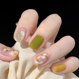 Yisowank 24PCS Flowers Press on Nails Short Gardenia Fake Nails Tips Square False Nails French Full Cover Nail Manicure Decoration for Women and Girls (Gardenia Fake Nails)