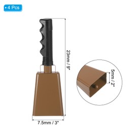 PATIKIL 9inch Cow Bells for Football Games, 4pcs Cowbells for Sporting Events Bulk Loud Noise Makers Metal Cow Bell with Handle for Cheering Competition Marathon Wedding DIY Paint, Brown