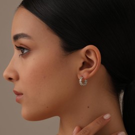 LeCalla 925 Sterling Silver Small Chunky Hoop Earrings for Teen Women | Rhodium-Plated Double Beaded Hoop Earrings | Classic Click-Top Hoop Earring 15 MM