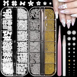 Flatback Pearls and 3D Flowers for Nail Art, Gold Silver Round Nails Beads White Half Nails Pearls Mixed Flowers Bows Nail Art Charms, Spring Flower for Acrylic Nails DIY Accessories