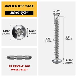 100-pack #8 x 1-1/2" Pan Head Self Tapping Screws for Wood/Sheet Metal/Plastic, Stainless Steel 304(18/8), Rust Resistant, Phillips Bit Included
