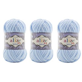 Alize Velluto 100% Micropoliéster para manta de bebé, lote de 3 SKN 225 yardas 3 x 100 gramos, peso del hilo: 7 Jumbo (218 azul bebé)