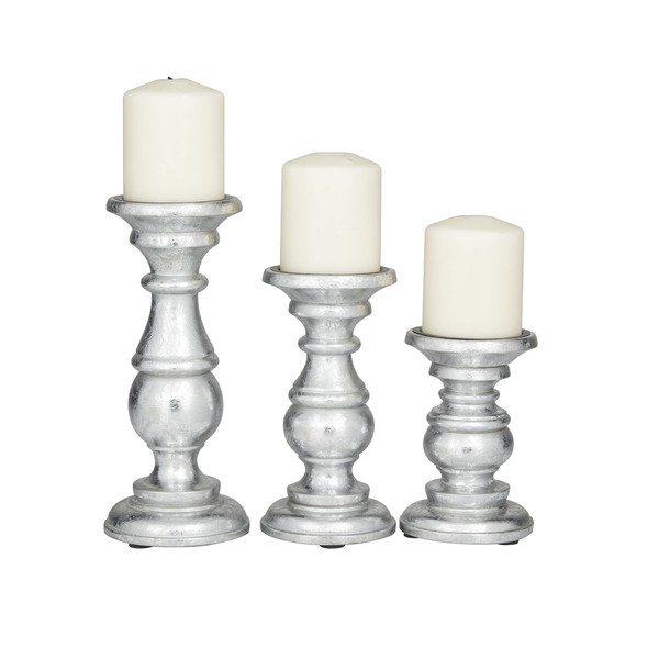 Deco 79 Traditional Mango Wood Pillar Candle Holder, Set of 3 10", 8", 6"H, Silver