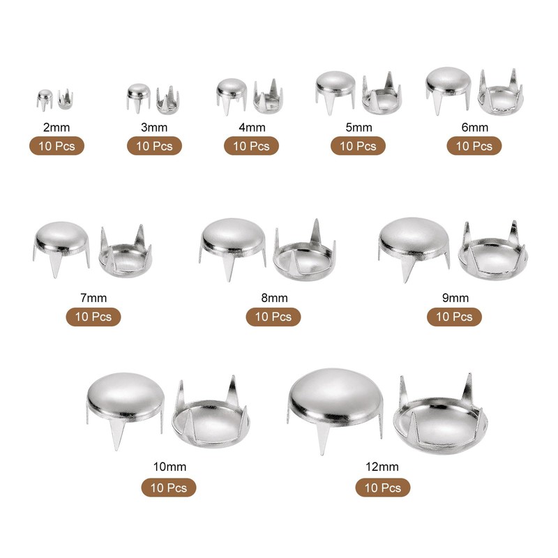 sourcing map 100Pcs Silver Round Dome Rivets, 10 Sizes Brass