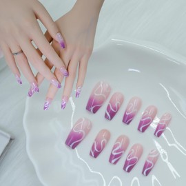 Duotaoii Long Press on Nails Coffin Fake Nails Handmade False Gradient Pink Purple Nails Hand-Painted Stripes Nail Charms,Squoval Acrylic Nail Kit Gel Nails, Reusable Stick on Nails for Women 10pcs M
