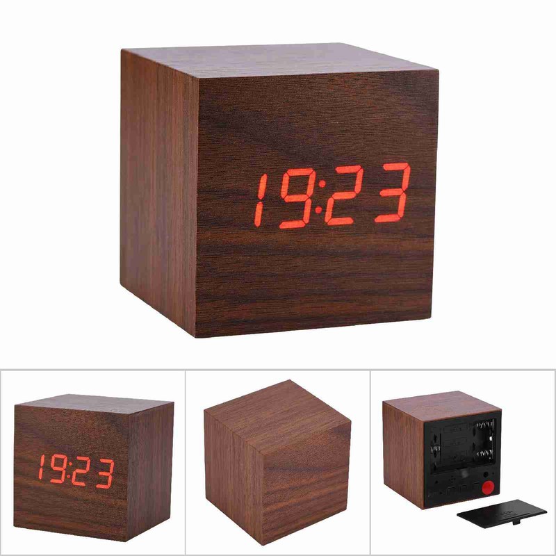 6x6x6cm Wooden Electronic Digital Alarm Desk Clock Temperature LED Display