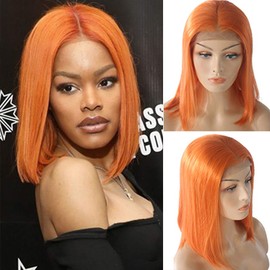 13x4 Lace Frontal Bob Wigs Middle Part Orange Human Hair Bob Bleached Knots with Baby Hair 16inch Short Cut 180% Density Straight Ginger Colored Lace Wig Pre Plucked with Baby Hair for Women