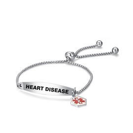 LSxAB Red Medical Alert Heart Disease Bracelet for Women Men Emergency Medical ID Engraved Adjustable Stainless Steel Chain Wristband Bracelets