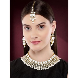 Aheli Faux Kundan Stone Indian Traditional Necklace Earrings Maang Tikka Set Wedding Fashion Party Wear Jewellery Gift for Women White