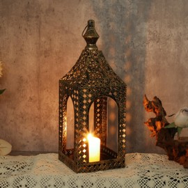 Moroccan Lantern Lamp Decorative Candle Holders for Ramadan Decorations, Hanging, Outdoor Patio or Porch, Indoor Home Decor (Bronze 13.2inch)