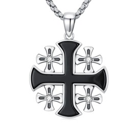 Lattd Jerusalem Cross Necklace with Black Obsidian 925 Sterling Silver Crusaders Jerusalem Cross Pendant Christian Jewelry for Men, w/Stainless Steel Chain 22 + 2 Inch