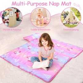 GOPHRALOVE Nap Mats for Preschool with Removable Pillow and Blanket Unicorns Nap Mat with Pillow Reinforced Stitching Machine-Washable, Soft Nap Mats for Daycare, Travel, Camping 53"x21"