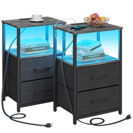 TUTOTAK LED End Table with Charging Station, Nightstand with Cloth Drawer, Side Table with 1 USB Port and 1 Type-C Port, Set of 2, Couch Table, Charcoal Grey TB01BY052L