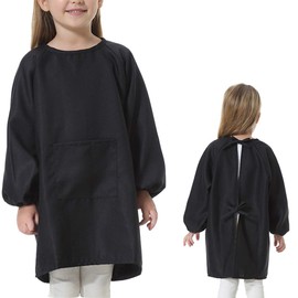 EVGVAT Kids Art Smock Long Sleeve with Pocket Child Chef Bib Apron for Kitchen Cooking Painting (Black, Medium(4-8years))